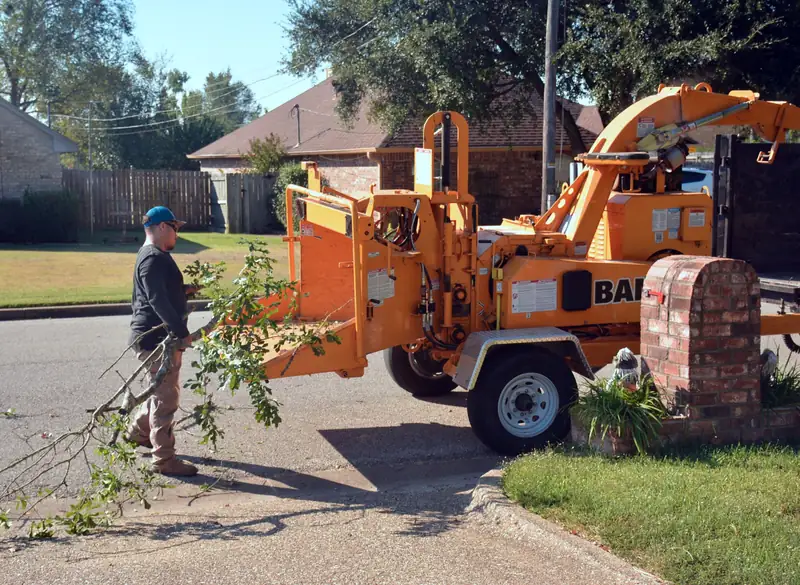 Branches being fed into a wood chipper on a suburban street