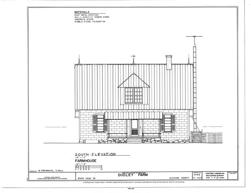 Architectural drawing of the Dudley Farm farmhouse south elevation in Newberry, Florida