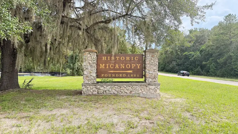 The Historic Micanopy welcome sign beneath a large oak draped in Spanish moss